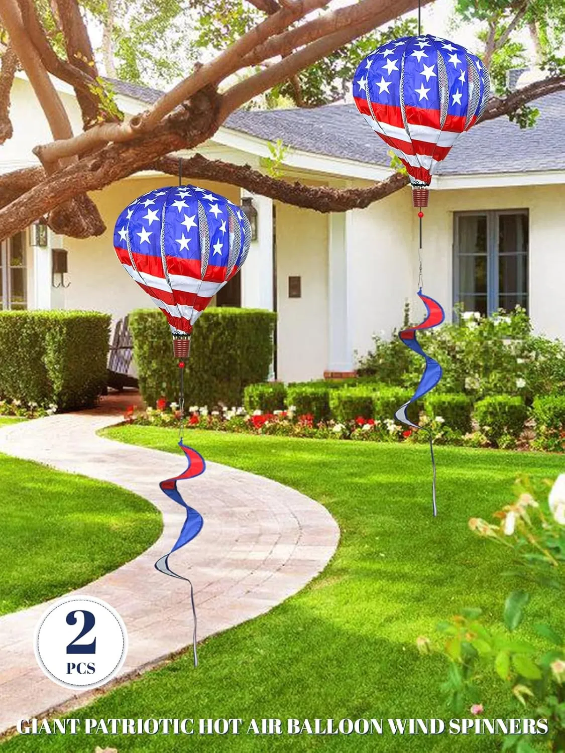 2PCS Giant Patriotic Hot Air Balloon Wind Spinners 14" W x 59" H Large American Whirligig Wind Spinner Hanging Ornaments for Memorial Day July of 4th Yard Garden Lawn Outdoor Decorations
