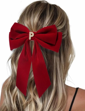 2Pcs Velvet Hair Bows Set – Black & Red Elegant Bow Clip & Long Ribbon Hair Clip, Personalized Hair Accessories for Women, Girls & Kids, Gift for Weddings, Birthdays, Christmas-P