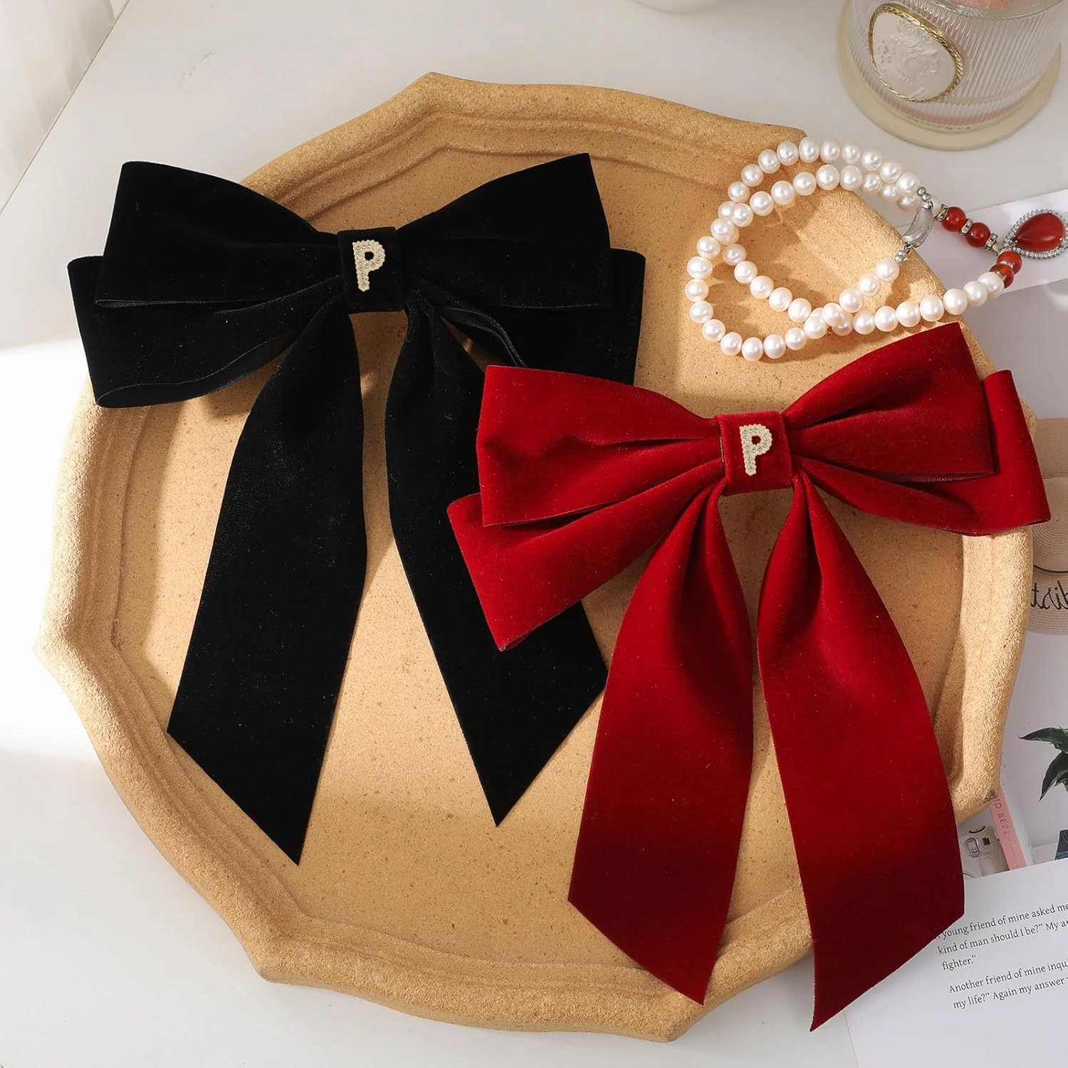 2Pcs Velvet Hair Bows Set – Black & Red Elegant Bow Clip & Long Ribbon Hair Clip, Personalized Hair Accessories for Women, Girls & Kids, Gift for Weddings, Birthdays, Christmas-P