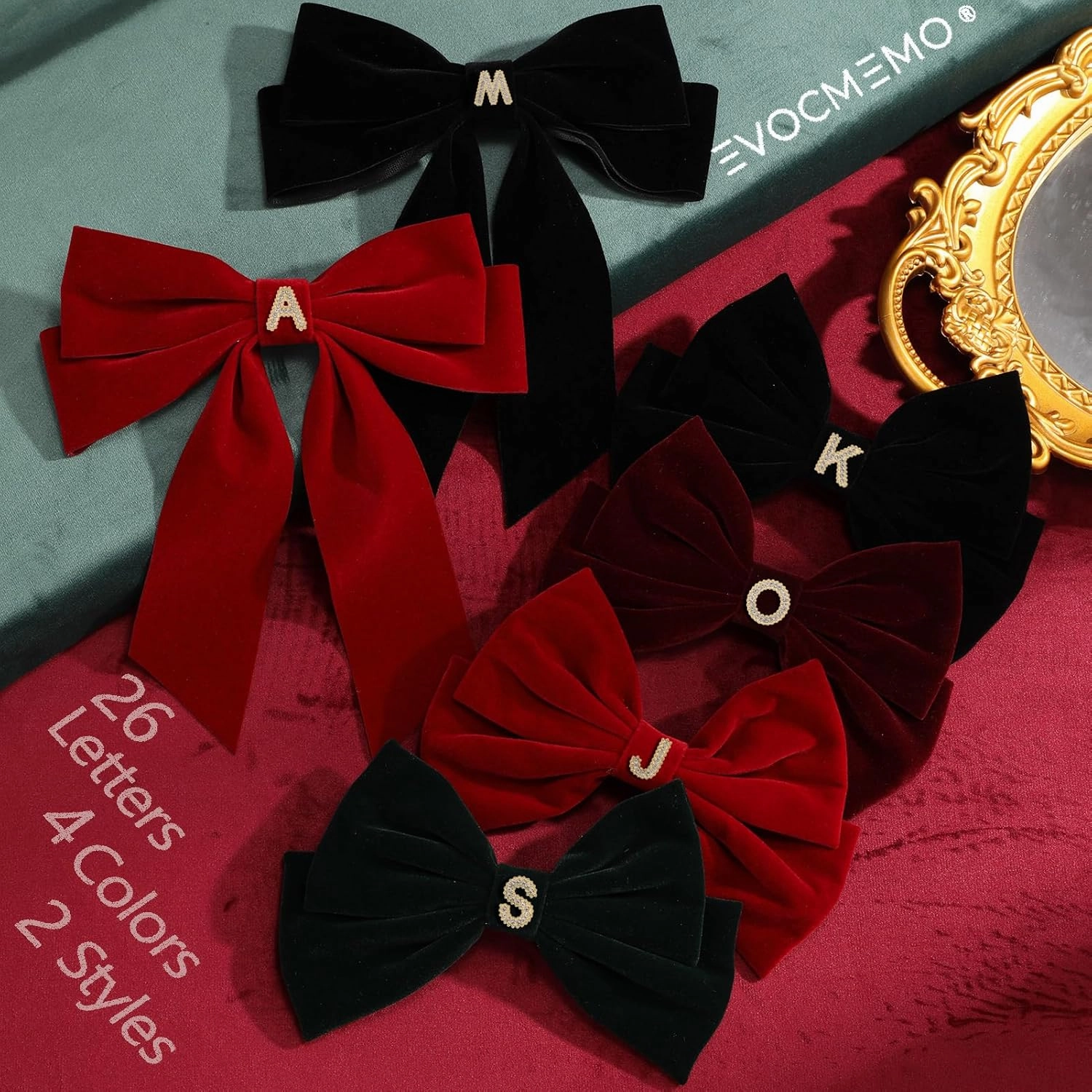 2Pcs Velvet Hair Bows Set – Black & Red Elegant Bow Clip & Long Ribbon Hair Clip, Personalized Hair Accessories for Women, Girls & Kids, Gift for Weddings, Birthdays, Christmas-P