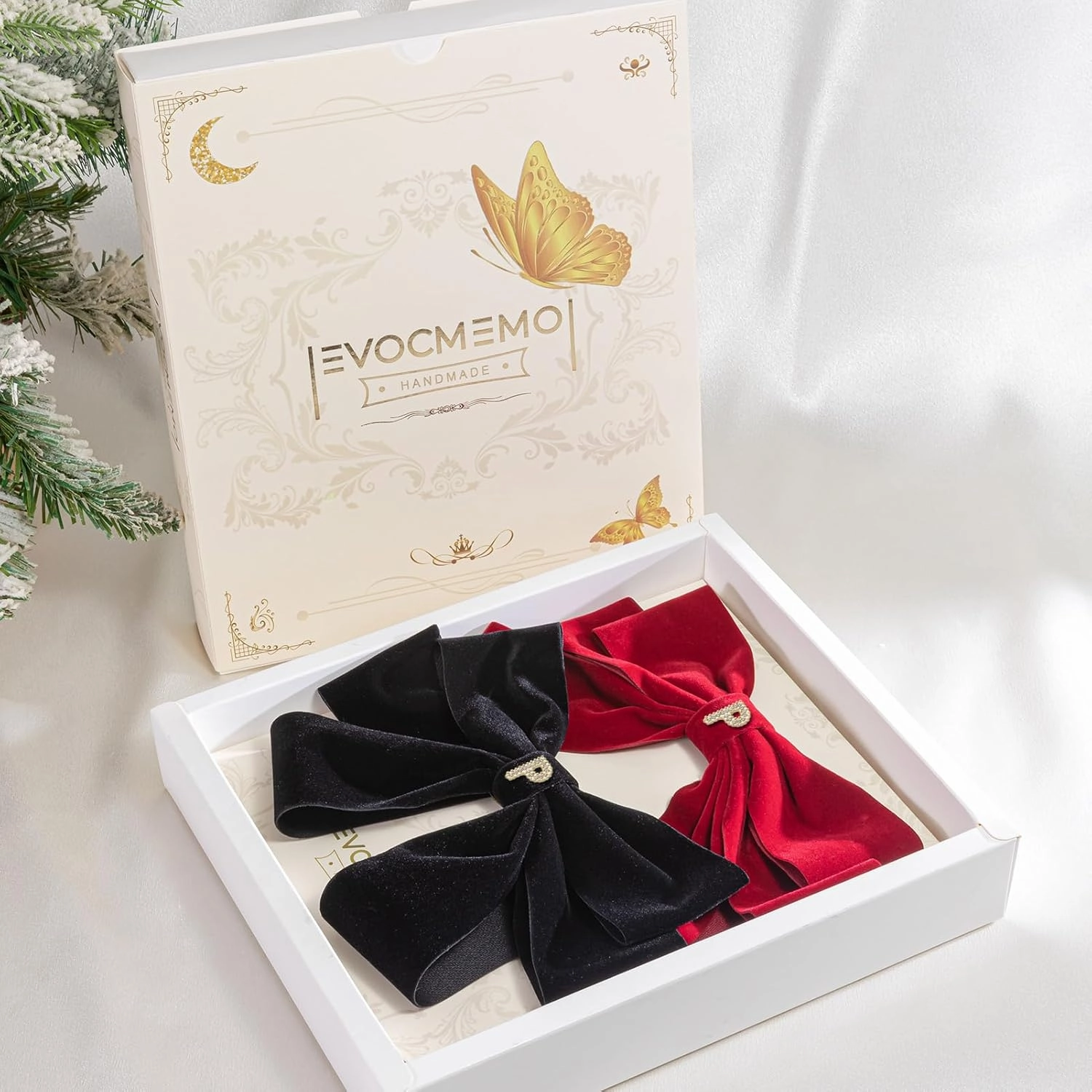 2Pcs Velvet Hair Bows Set – Black & Red Elegant Bow Clip & Long Ribbon Hair Clip, Personalized Hair Accessories for Women, Girls & Kids, Gift for Weddings, Birthdays, Christmas-P