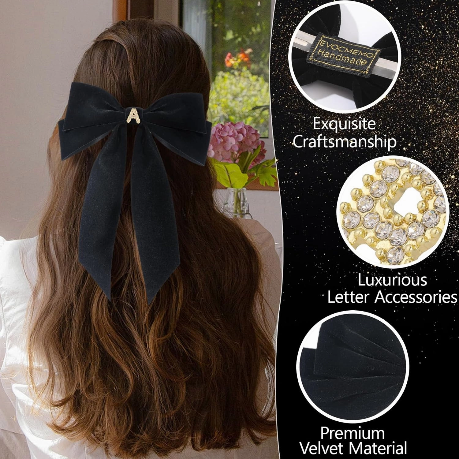 2Pcs Velvet Hair Bows Set – Black Elegant Bow Clip & Long Ribbon Hair Clip, Personalized Hair Accessories for Women, Girls & Kids, Gift for Weddings, Birthdays, Christmas-A