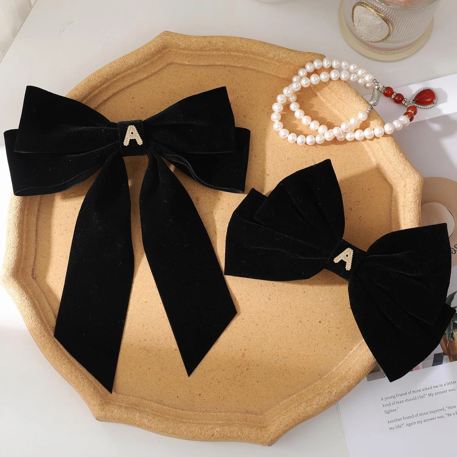 2Pcs Velvet Hair Bows Set – Black Elegant Bow Clip & Long Ribbon Hair Clip, Personalized Hair Accessories for Women, Girls & Kids, Gift for Weddings, Birthdays, Christmas-A