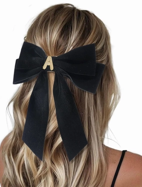 2Pcs Velvet Hair Bows Set – Black Elegant Bow Clip & Long Ribbon Hair Clip, Personalized Hair Accessories for Women, Girls & Kids, Gift for Weddings, Birthdays, Christmas-A