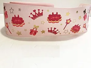 3 inch Grosgrain Ribbon Gold Foil Pink Ballet Dress, Wand, Shoe and Crown for Ballerina on Pink Printed are for Hair Bows Crafts Gifts and More. Zero Shipping. First Class. (3 Yards)