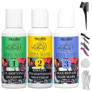 3-Pack Brazilian Keratin Hair Treatment Kit | Deep Hair Conditioning, Repair & Smoothing Formula | Reduces Frizz, Adds Shine | Scent-Free, Easy At-Home Keratin Treatment