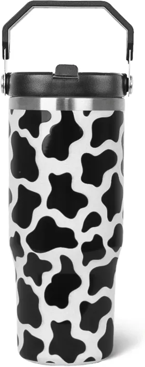 30 oz Cow Print Tumbler with Handle Flip Straw Cow Print Coffee Mug Leak Proof Insulated Cup Water Bottle Gifts for Women Cows Lovers