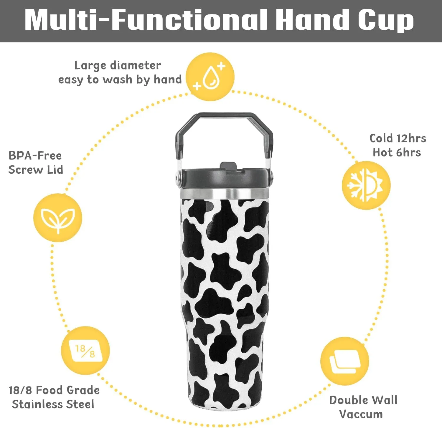 30 oz Cow Print Tumbler with Handle Flip Straw Cow Print Coffee Mug Leak Proof Insulated Cup Water Bottle Gifts for Women Cows Lovers