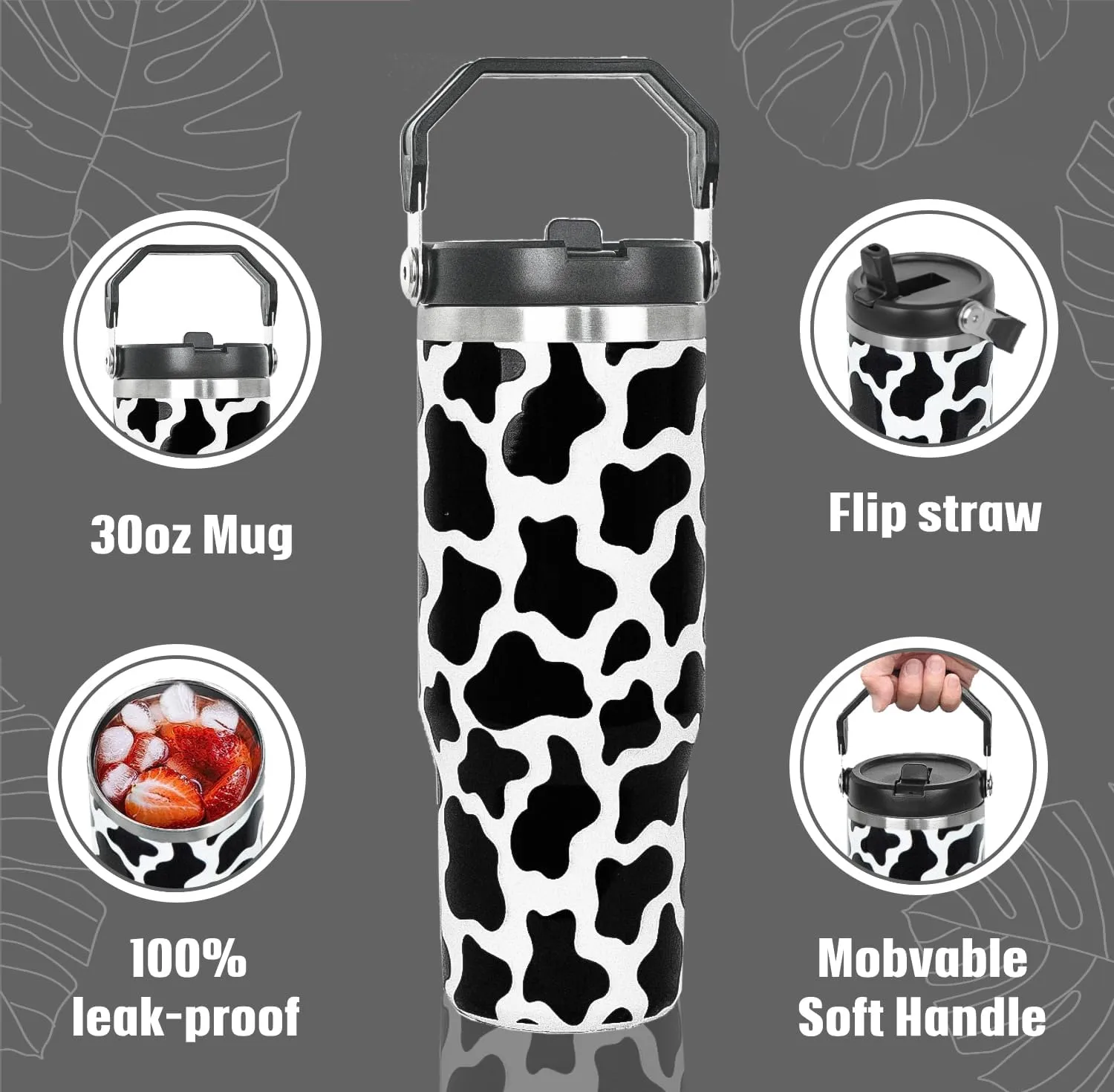 30 oz Cow Print Tumbler with Handle Flip Straw Cow Print Coffee Mug Leak Proof Insulated Cup Water Bottle Gifts for Women Cows Lovers