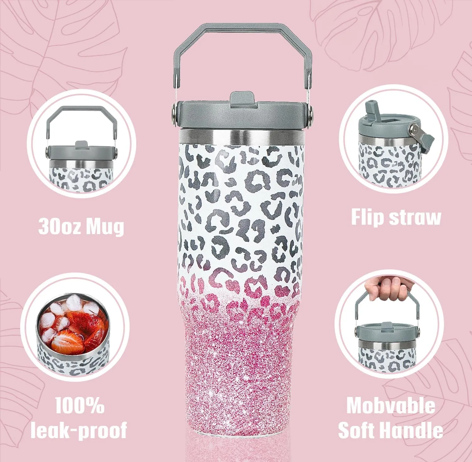 30 oz Leopard Print Tumbler with Handle Flip Straw Leopard Coffee Mug Leak Proof Insulated Cup Water Bottle Gifts for Women