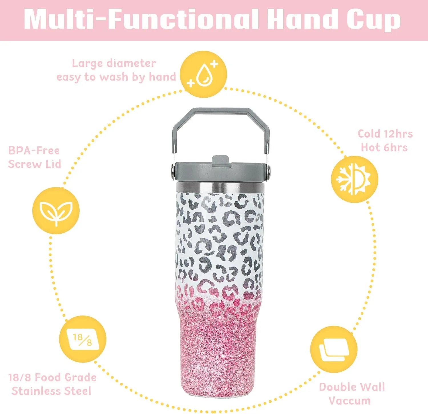 30 oz Leopard Print Tumbler with Handle Flip Straw Leopard Coffee Mug Leak Proof Insulated Cup Water Bottle Gifts for Women
