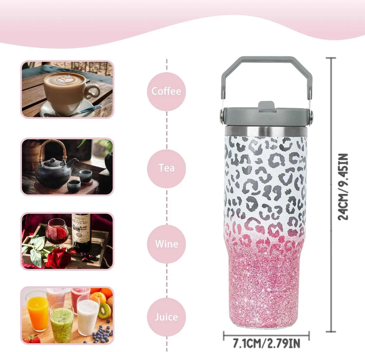 30 oz Leopard Print Tumbler with Handle Flip Straw Leopard Coffee Mug Leak Proof Insulated Cup Water Bottle Gifts for Women