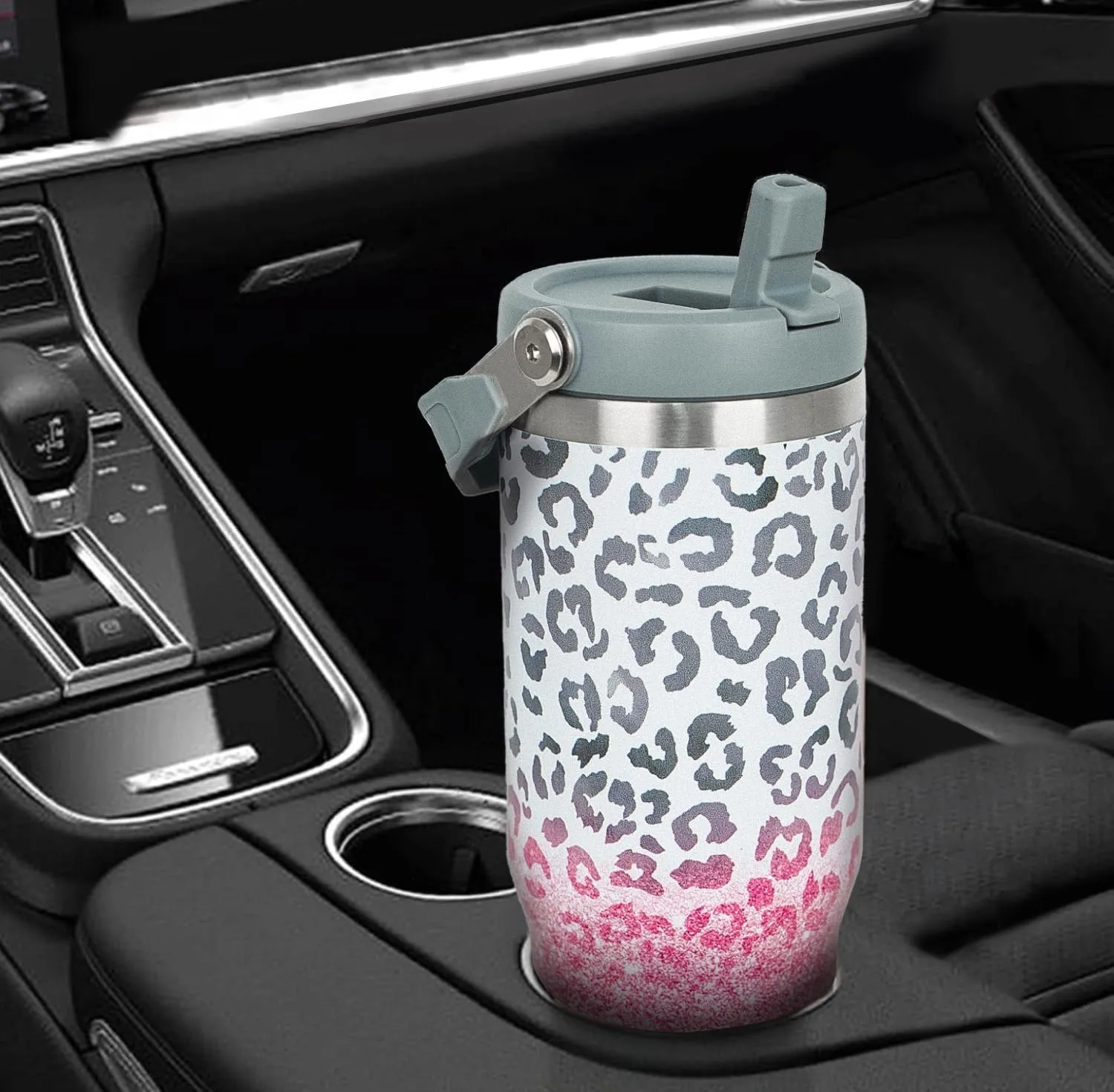 30 oz Leopard Print Tumbler with Handle Flip Straw Leopard Coffee Mug Leak Proof Insulated Cup Water Bottle Gifts for Women