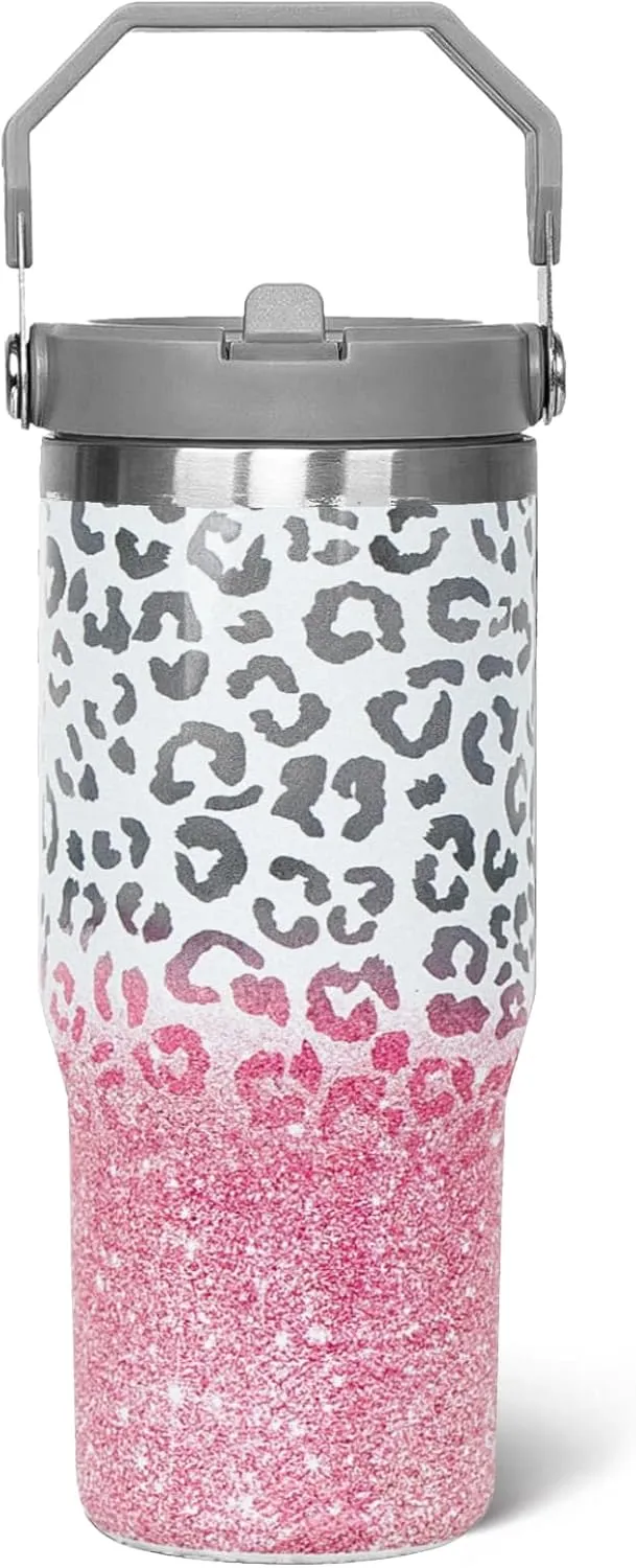 30 oz Leopard Print Tumbler with Handle Flip Straw Leopard Coffee Mug Leak Proof Insulated Cup Water Bottle Gifts for Women