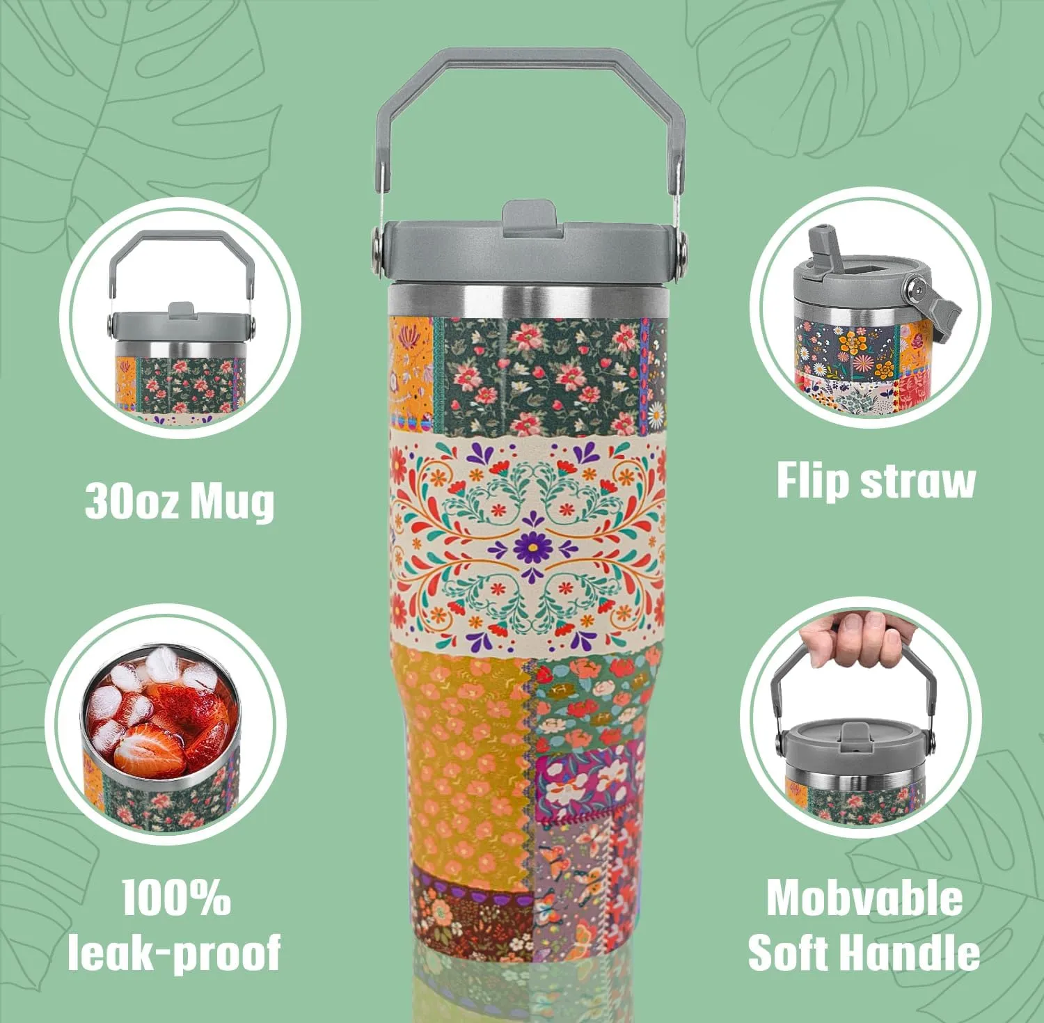30 oz Pioneer Woman Tumbler with Handle Flip Straw Vintage Floral Coffee Mug Leak Proof Insulated Cup Water Bottle Boho Gifts for Women