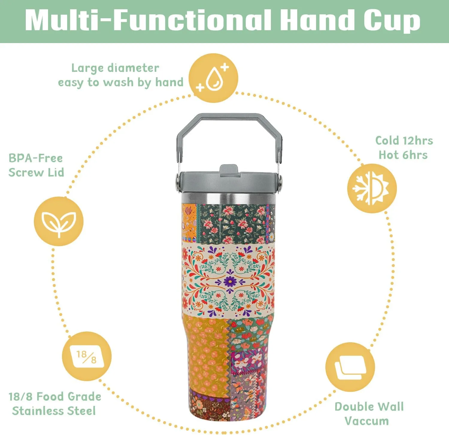 30 oz Pioneer Woman Tumbler with Handle Flip Straw Vintage Floral Coffee Mug Leak Proof Insulated Cup Water Bottle Boho Gifts for Women