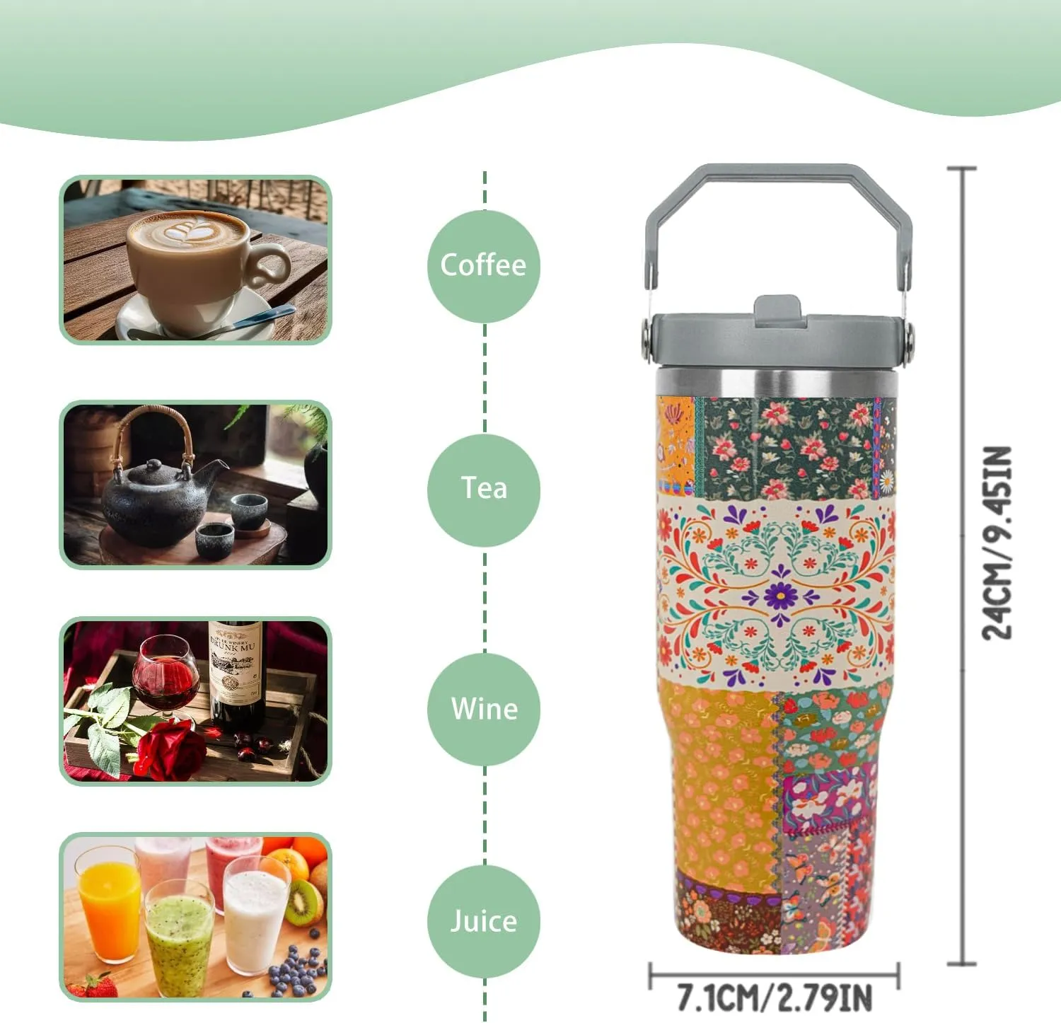30 oz Pioneer Woman Tumbler with Handle Flip Straw Vintage Floral Coffee Mug Leak Proof Insulated Cup Water Bottle Boho Gifts for Women