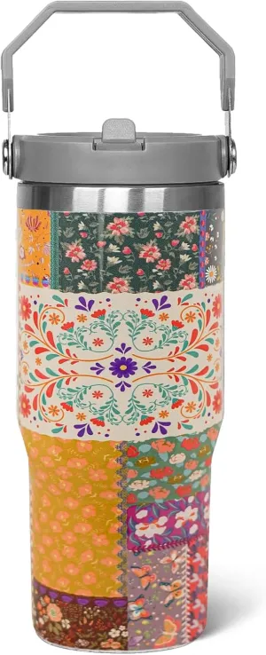 30 oz Pioneer Woman Tumbler with Handle Flip Straw Vintage Floral Coffee Mug Leak Proof Insulated Cup Water Bottle Boho Gifts for Women