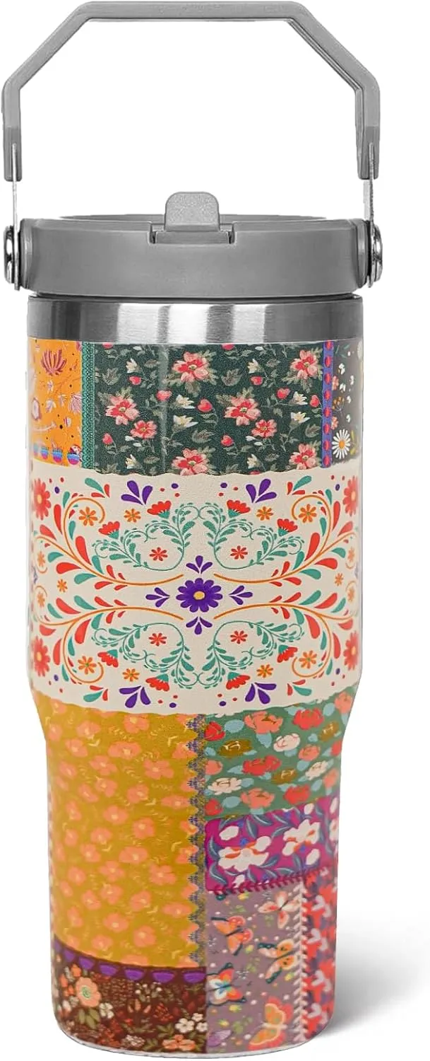 30 oz Pioneer Woman Tumbler with Handle Flip Straw Vintage Floral Coffee Mug Leak Proof Insulated Cup Water Bottle Boho Gifts for Women