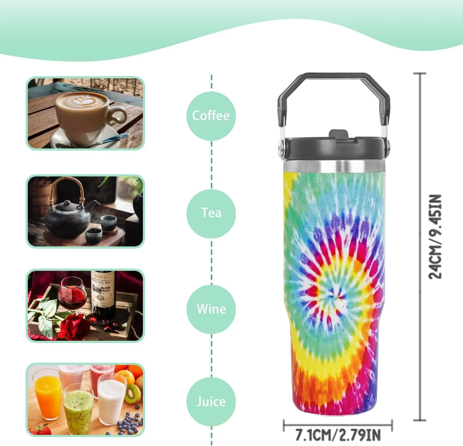 30 oz Tie Dye Tumbler with Handle Flip Straw Tie Dye Print Coffee Mug Leak Proof Insulated Cup Water Bottle Gifts for Women