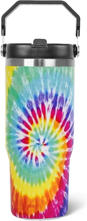 30 oz Tie Dye Tumbler with Handle Flip Straw Tie Dye Print Coffee Mug Leak Proof Insulated Cup Water Bottle Gifts for Women