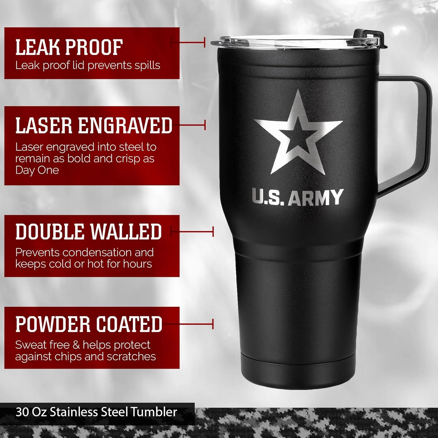 30 Oz US ARMY Black Double Wall Vacuum Insulated Stainless Steel Army Tumbler with Handle | Travel Mug with Leakproof Lid
