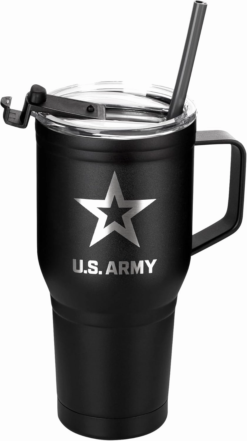 30 Oz US ARMY Black Double Wall Vacuum Insulated Stainless Steel Army Tumbler with Handle | Travel Mug with Leakproof Lid