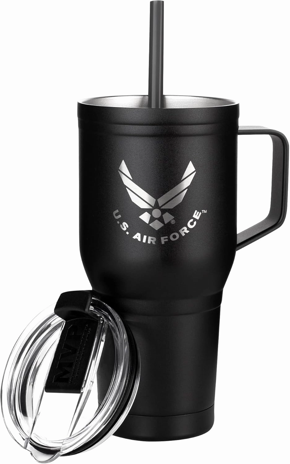 30 Oz USAF Black Double Wall Vacuum Insulated Stainless Steel Air Force Tumbler with Handle | Travel Mug with Leakproof Lid