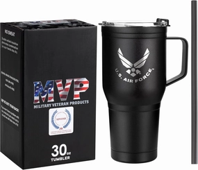 30 Oz USAF Black Double Wall Vacuum Insulated Stainless Steel Air Force Tumbler with Handle | Travel Mug with Leakproof Lid