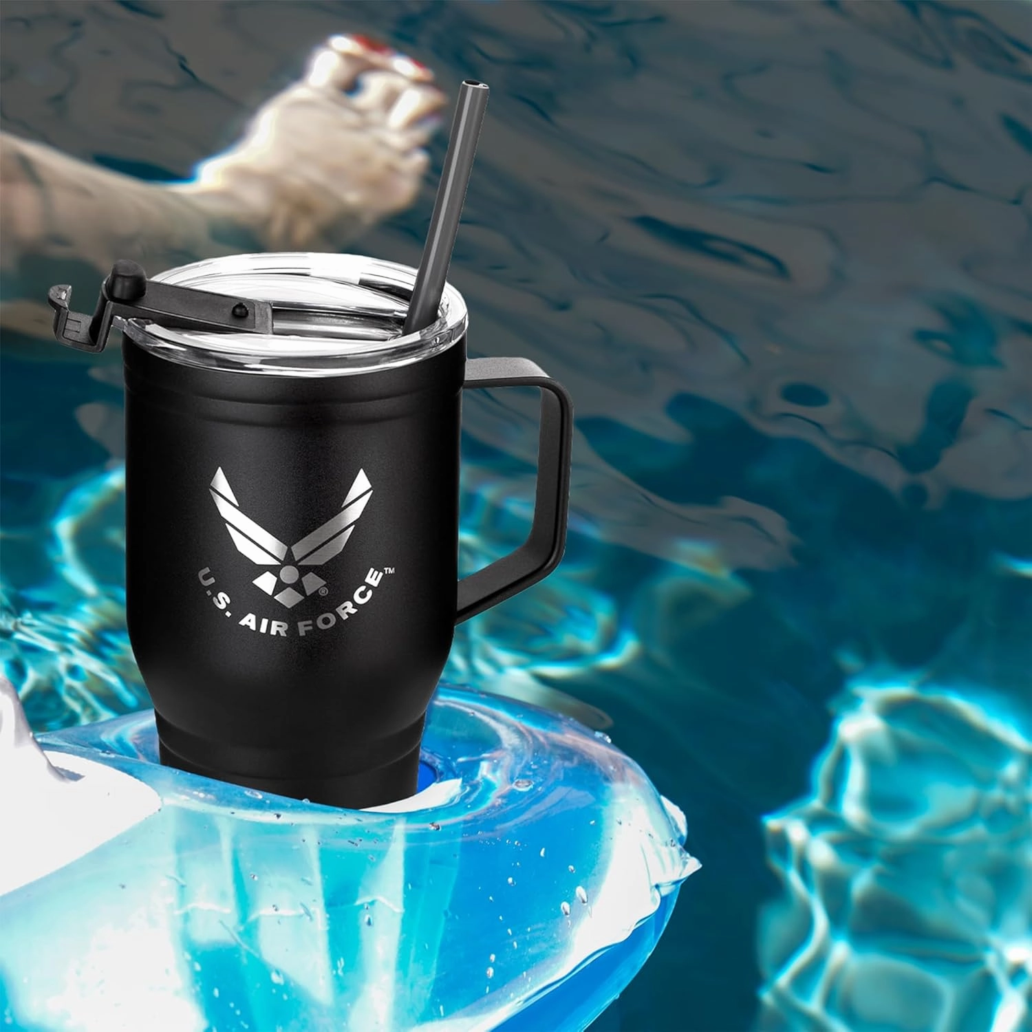 30 Oz USAF Black Double Wall Vacuum Insulated Stainless Steel Air Force Tumbler with Handle | Travel Mug with Leakproof Lid