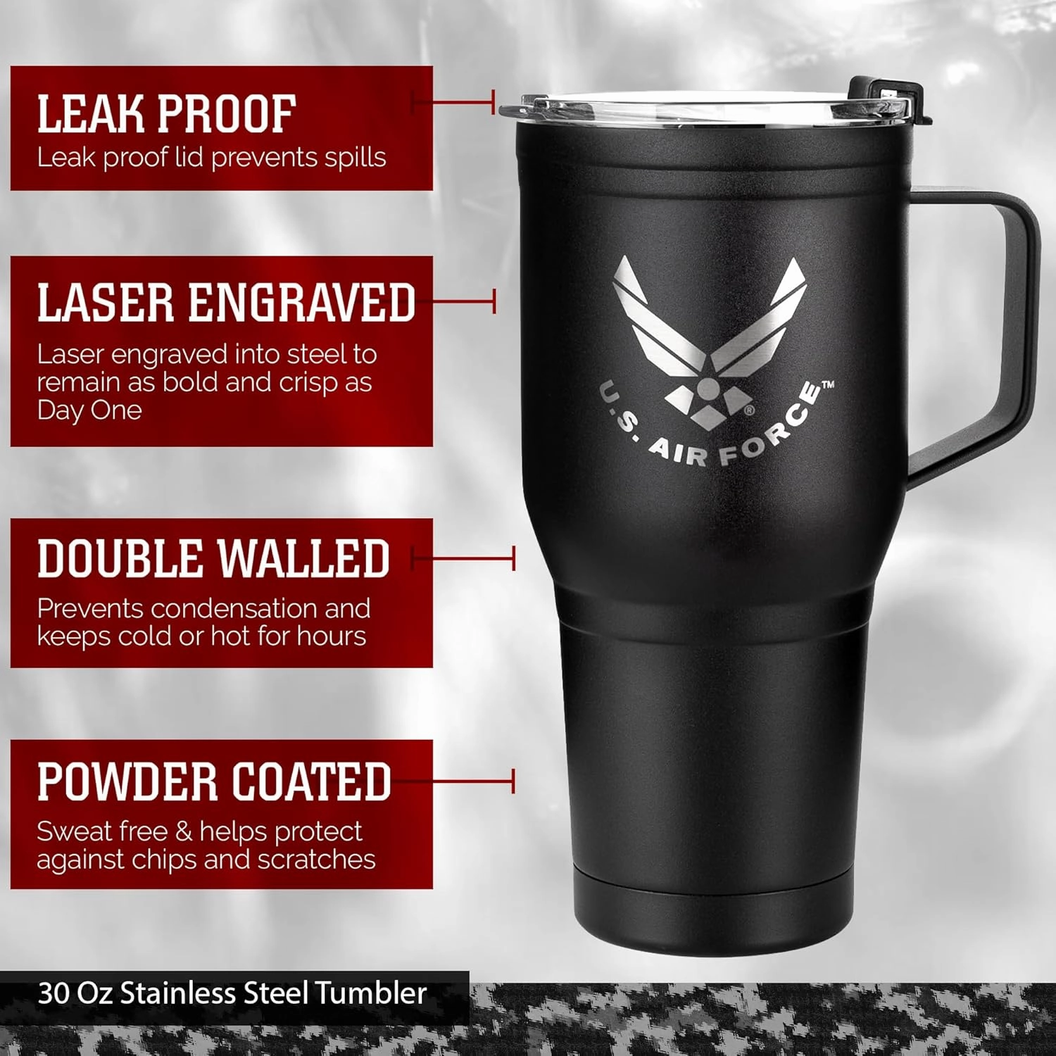30 Oz USAF Black Double Wall Vacuum Insulated Stainless Steel Air Force Tumbler with Handle | Travel Mug with Leakproof Lid