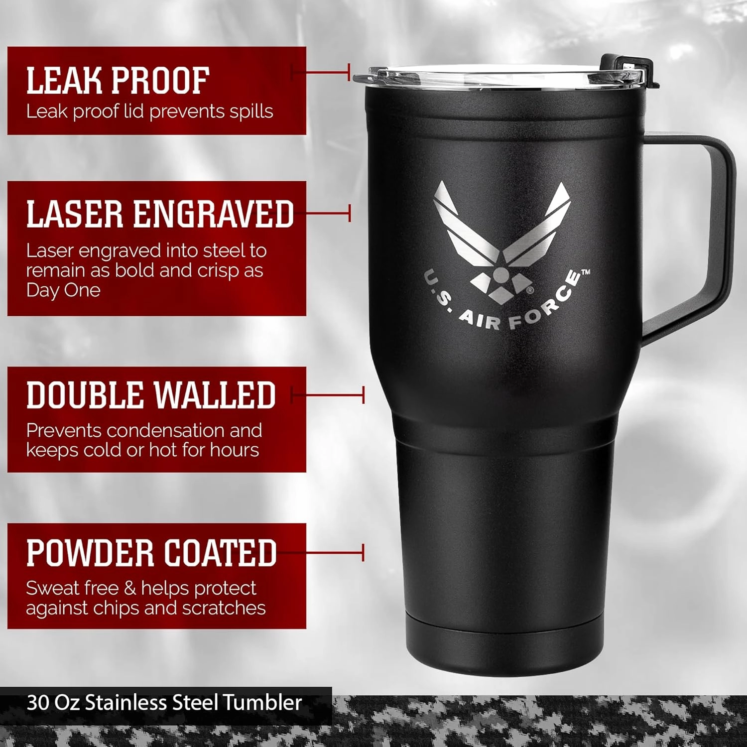 30 Oz USAF Black Double Wall Vacuum Insulated Stainless Steel Air Force Tumbler with Handle | Travel Mug with Leakproof Lid