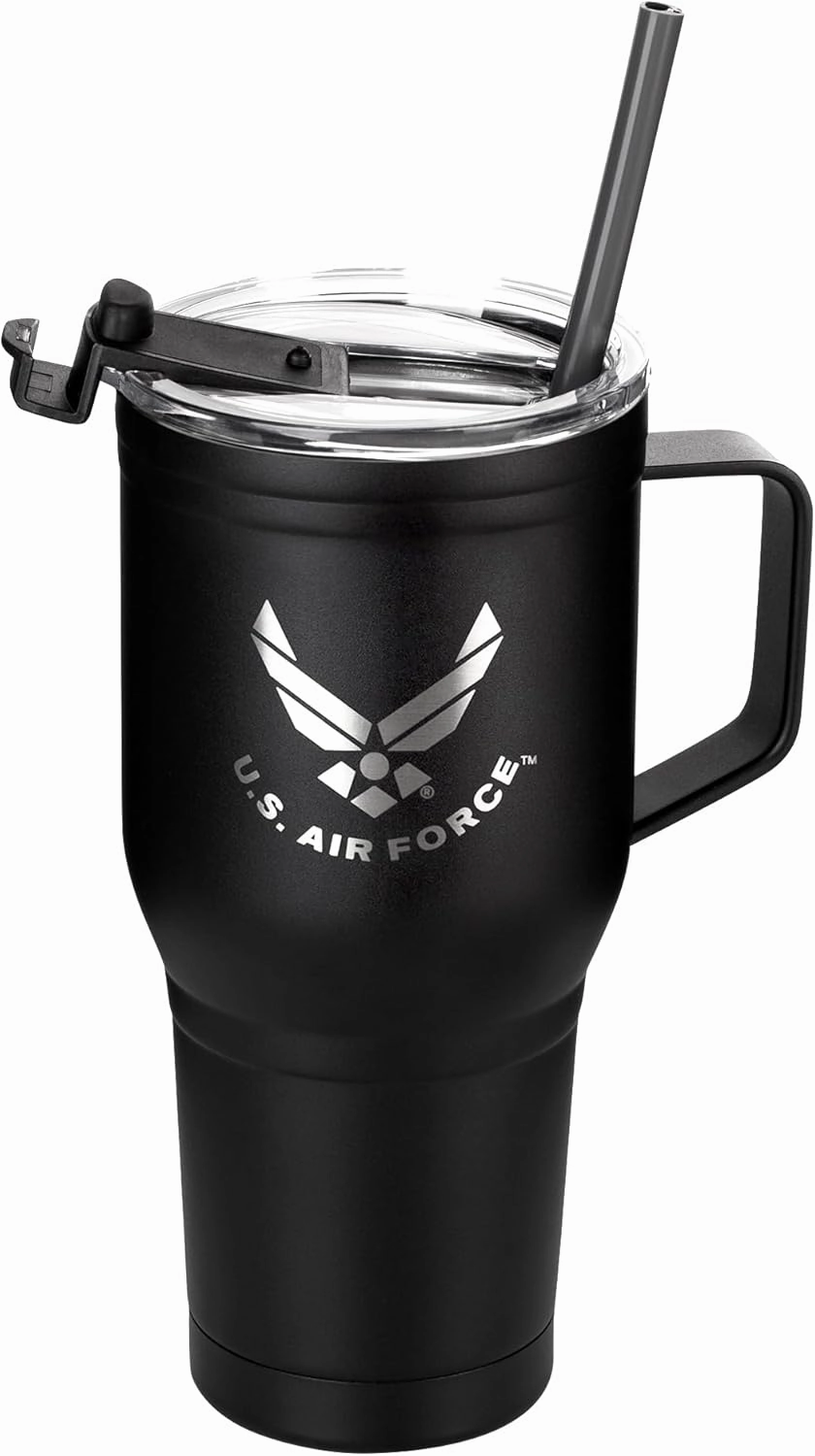 30 Oz USAF Black Double Wall Vacuum Insulated Stainless Steel Air Force Tumbler with Handle | Travel Mug with Leakproof Lid