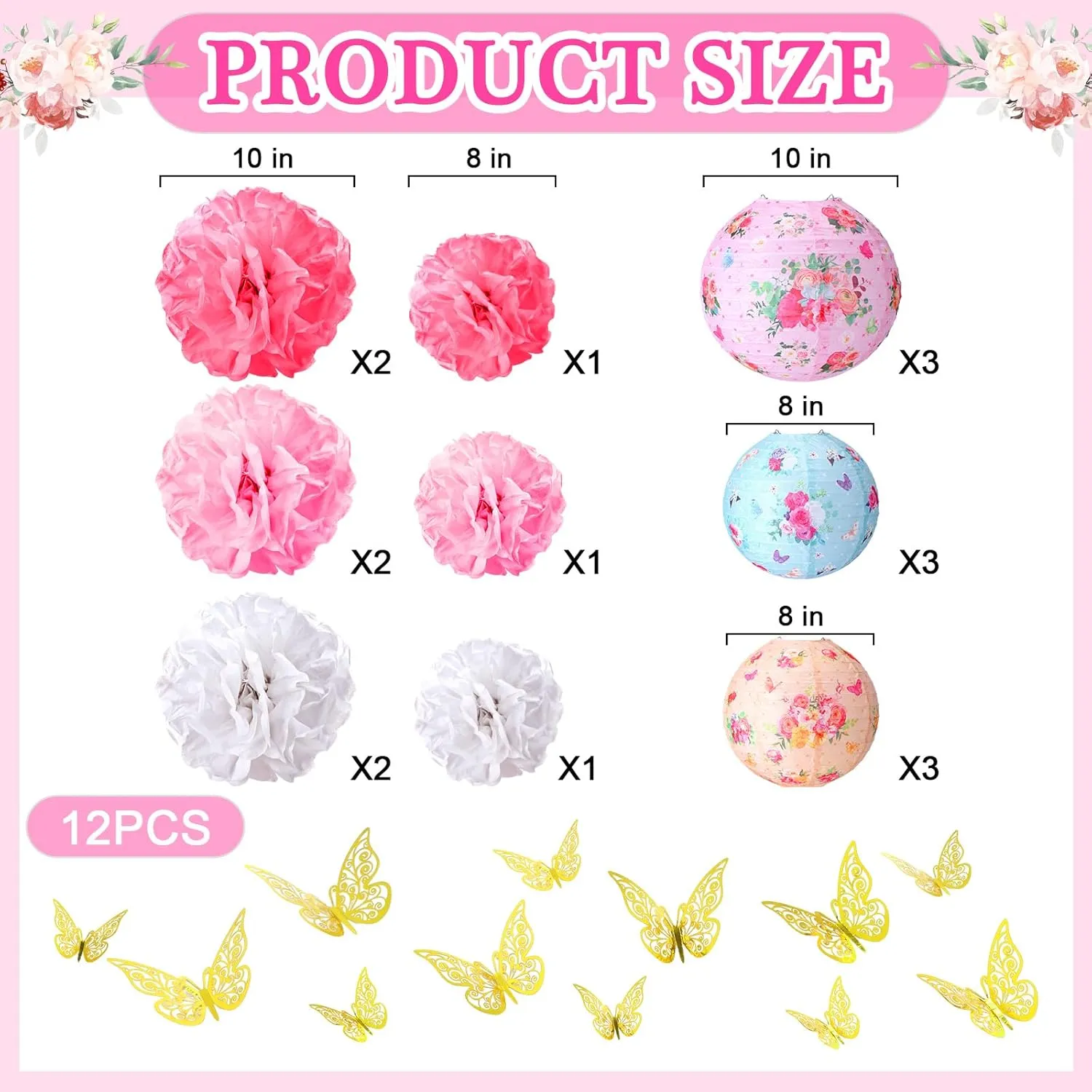 31 Pcs Tea Party Decorations Lanterns and Poms for Spring 9 Tea Floral Party Paper Lantern 9 Tissue Bloom Poms 12 Gold Butterfly Thread for Floral Birthday Wedding Bridal Shower