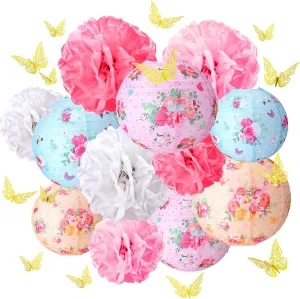 31 Pcs Tea Party Decorations Lanterns and Poms for Spring 9 Tea Floral Party Paper Lantern 9 Tissue Bloom Poms 12 Gold Butterfly Thread for Floral Birthday Wedding Bridal Shower