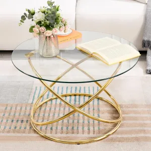 31.5'' Round Glass Coffee Table, Circle Gold Coffee Table for Living Room with Gold-Plating Bright Metal Oval Frame