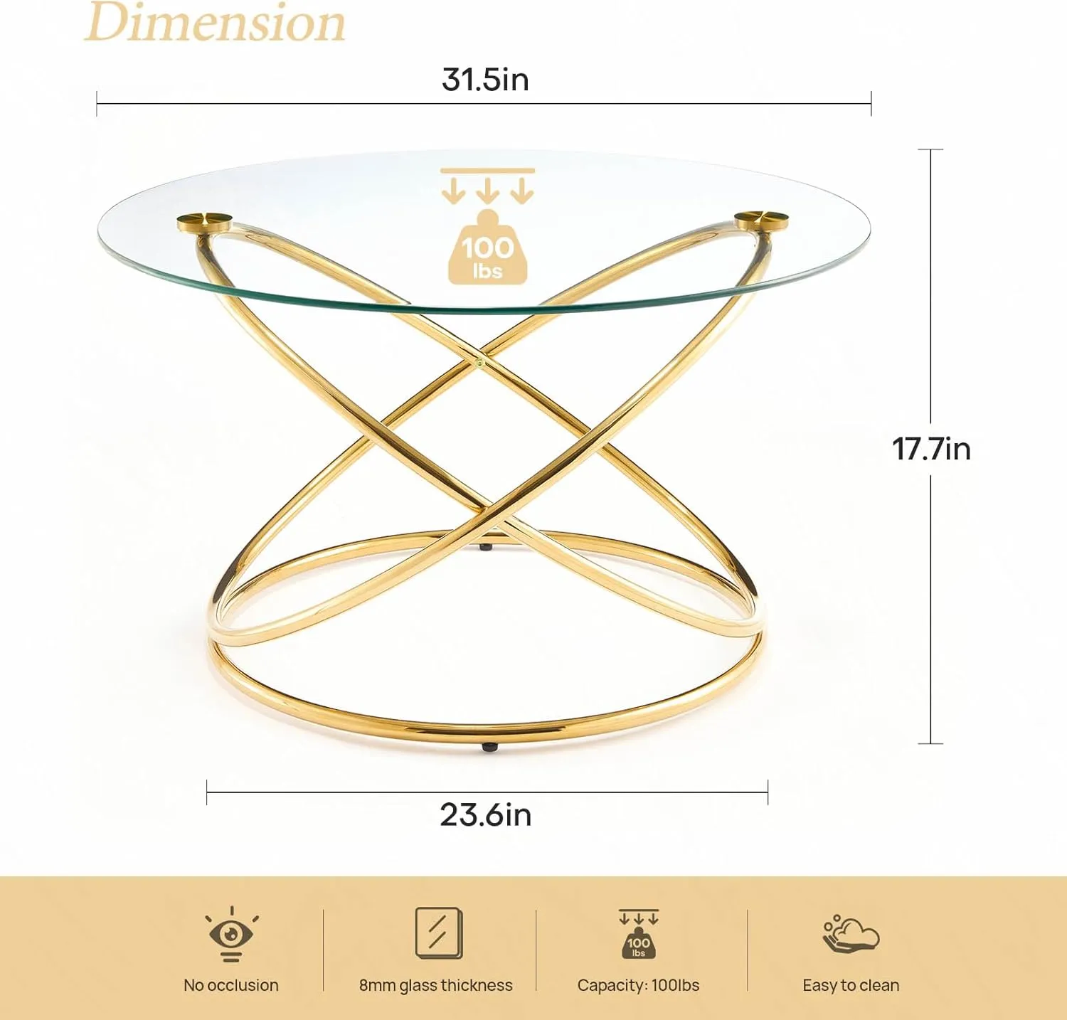 31.5'' Round Glass Coffee Table, Circle Gold Coffee Table for Living Room with Gold-Plating Bright Metal Oval Frame