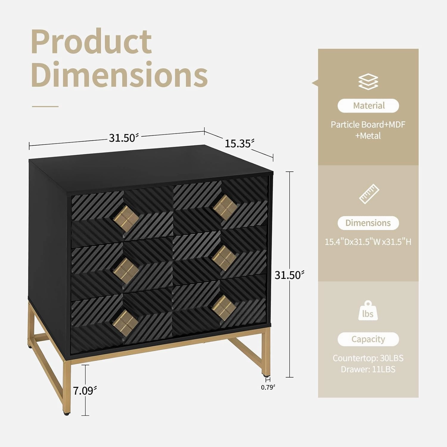 31.5" Tall Modern Night Stand with Carved Pattern Drawers, 3 Drawers Large Nightstand with Storage, Wood Wide Chest of Drawers Cabinet for Living Room, Kitchen, Entryway, Office, Black, 2 PCS