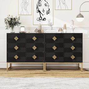 31.5" Tall Modern Night Stand with Carved Pattern Drawers, 3 Drawers Large Nightstand with Storage, Wood Wide Chest of Drawers Cabinet for Living Room, Kitchen, Entryway, Office, Black, 2 PCS