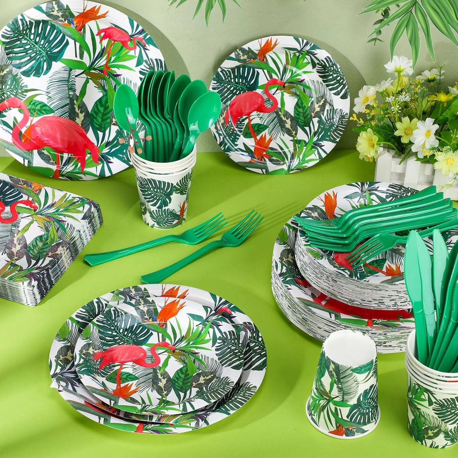 350 Pcs Flamingo Party Supplies Serve 50 Guests Hawaiian Luau Flamingo Birthday Decorations Include Plates Napkins Cups Knives Forks Spoons Disposable Dinnerware Set for Summer Birthday