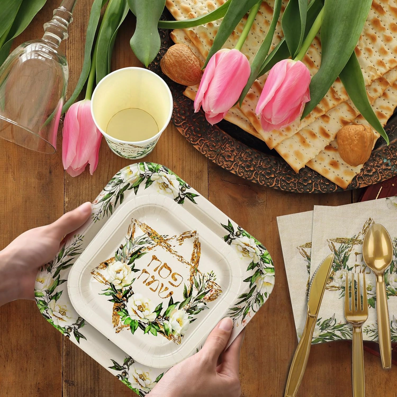 350 Pcs Paper Plates and Napkins Set Disposable Dinnerware Party Supplies Tableware Serve 50 Guest Cups Knife Forks Spoon(Green,Gold,Passover)
