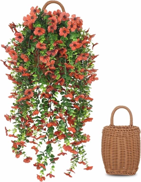 3 PCS Artificial Fake Hanging Flowers Plants with Basket for Spring Outdoor Outside Decoration, UV Resistant Faux Plastic Fabric Flower for Garden Porch Patio Balcony Yard Decor（Orange）