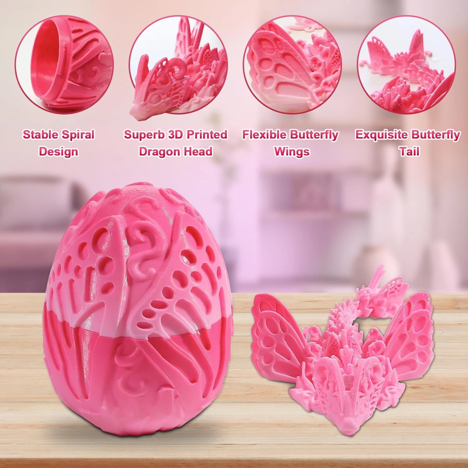 3D Printed Butterfly Dragon Eggs with Dragon Inside, 3D Printed Articulated Animals Fidget Toys Adult, Easter Basket Stuffers , Home Decor Executive Desk Toys (Random Sakura-Pink)