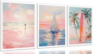 3pcs Danish Pink Coastal Canvas Wall Art Pink Color Sailboat Surfboard Poster Print Paintings Trendy Preppy Beach Pictures Wall Decor for Teen Girls Dorm Apartment Home Decoration Unframed