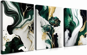 3Pcs Emerald Green Modern Wall Art, Abstract Marble Canvas Prints, Green and Gold Pictures Wall Decor, Dark Art Paintings, Artwork for Living Room Dining Room Office Decoration, Framed 12x16 Inch