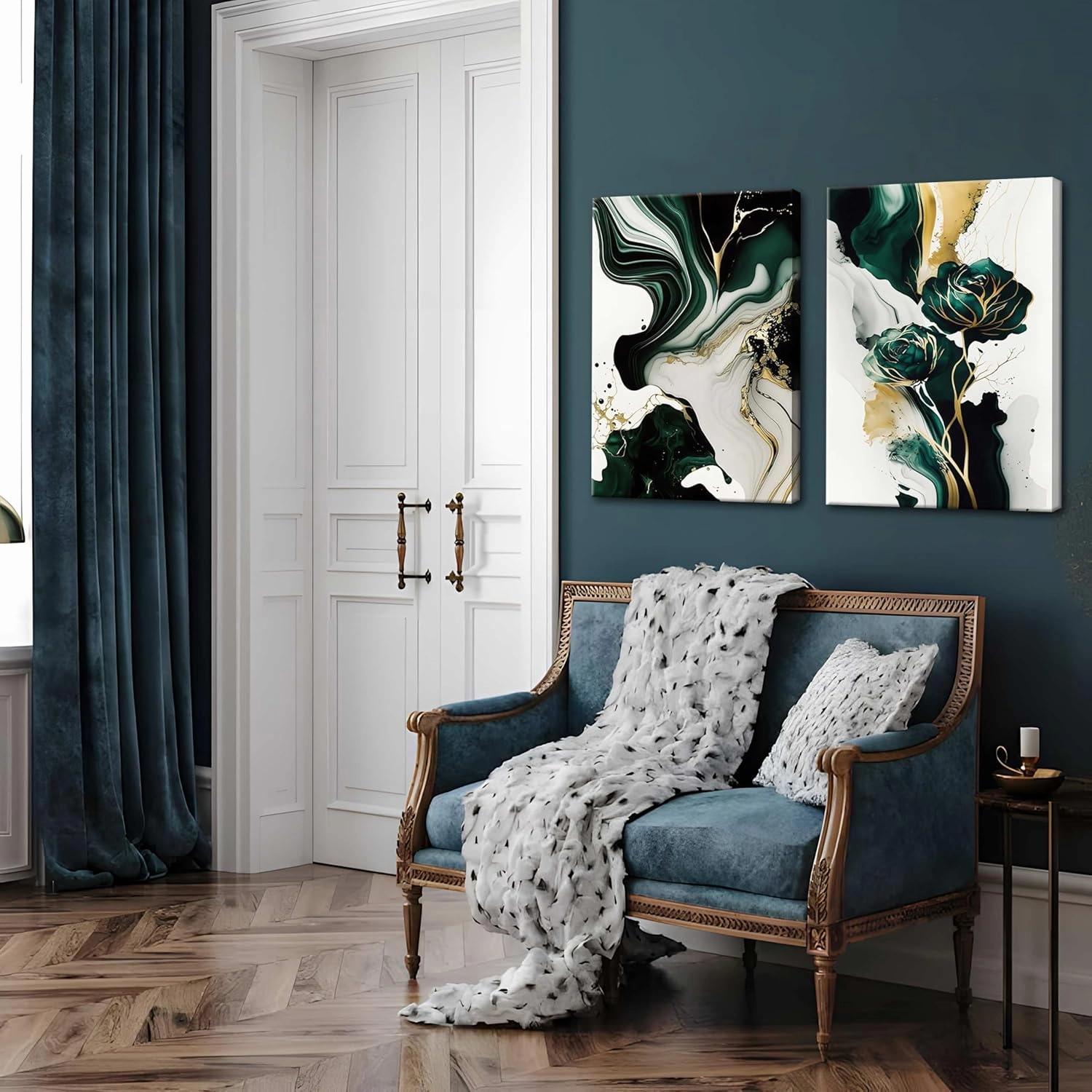 3Pcs Emerald Green Modern Wall Art, Abstract Marble Canvas Prints, Green and Gold Pictures Wall Decor, Dark Art Paintings, Artwork for Living Room Dining Room Office Decoration, Framed 12x16 Inch