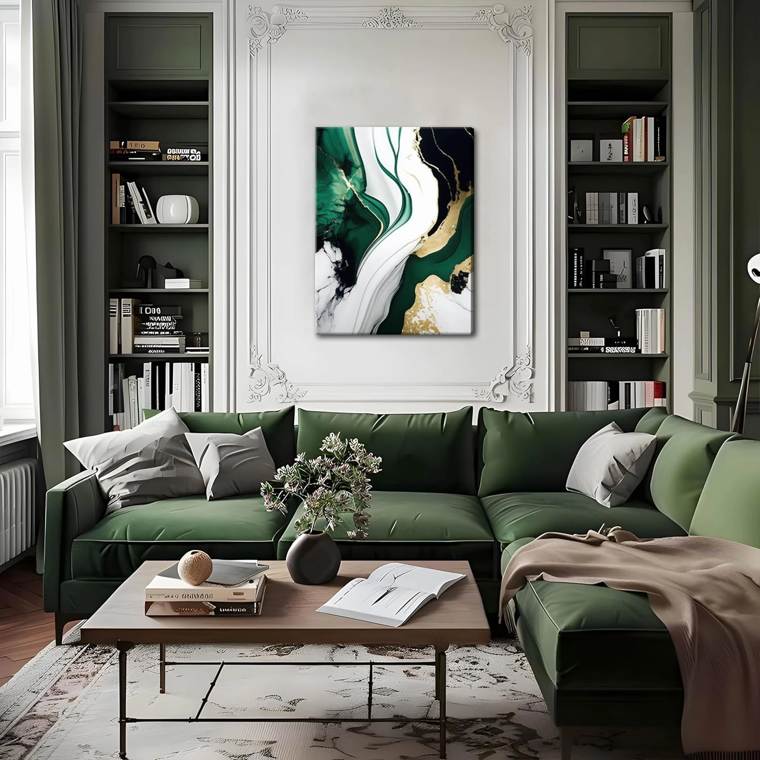 3Pcs Emerald Green Modern Wall Art, Abstract Marble Canvas Prints, Green and Gold Pictures Wall Decor, Dark Art Paintings, Artwork for Living Room Dining Room Office Decoration, Framed 12x16 Inch