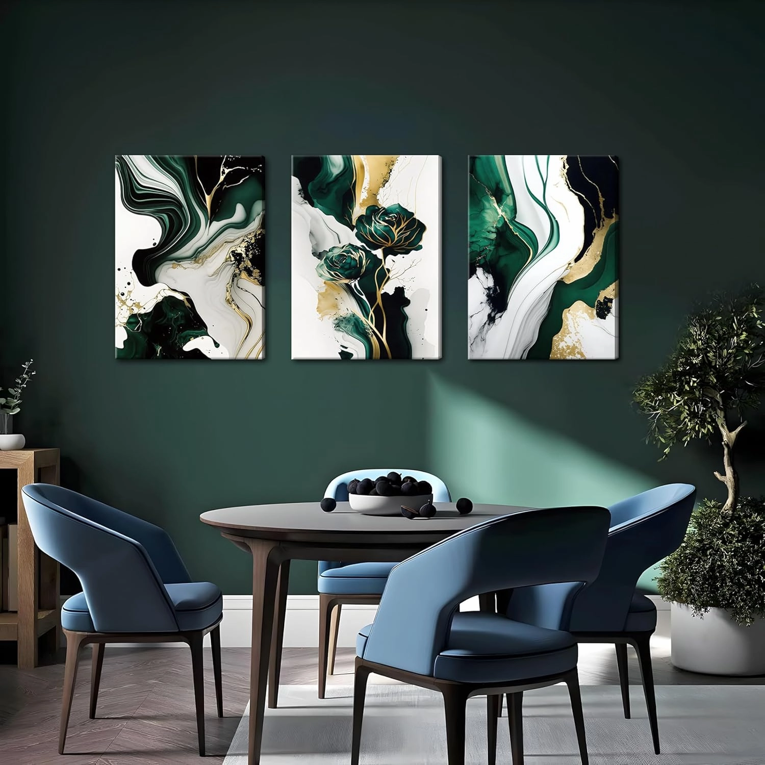 3Pcs Emerald Green Modern Wall Art, Abstract Marble Canvas Prints, Green and Gold Pictures Wall Decor, Dark Art Paintings, Artwork for Living Room Dining Room Office Decoration, Framed 12x16 Inch