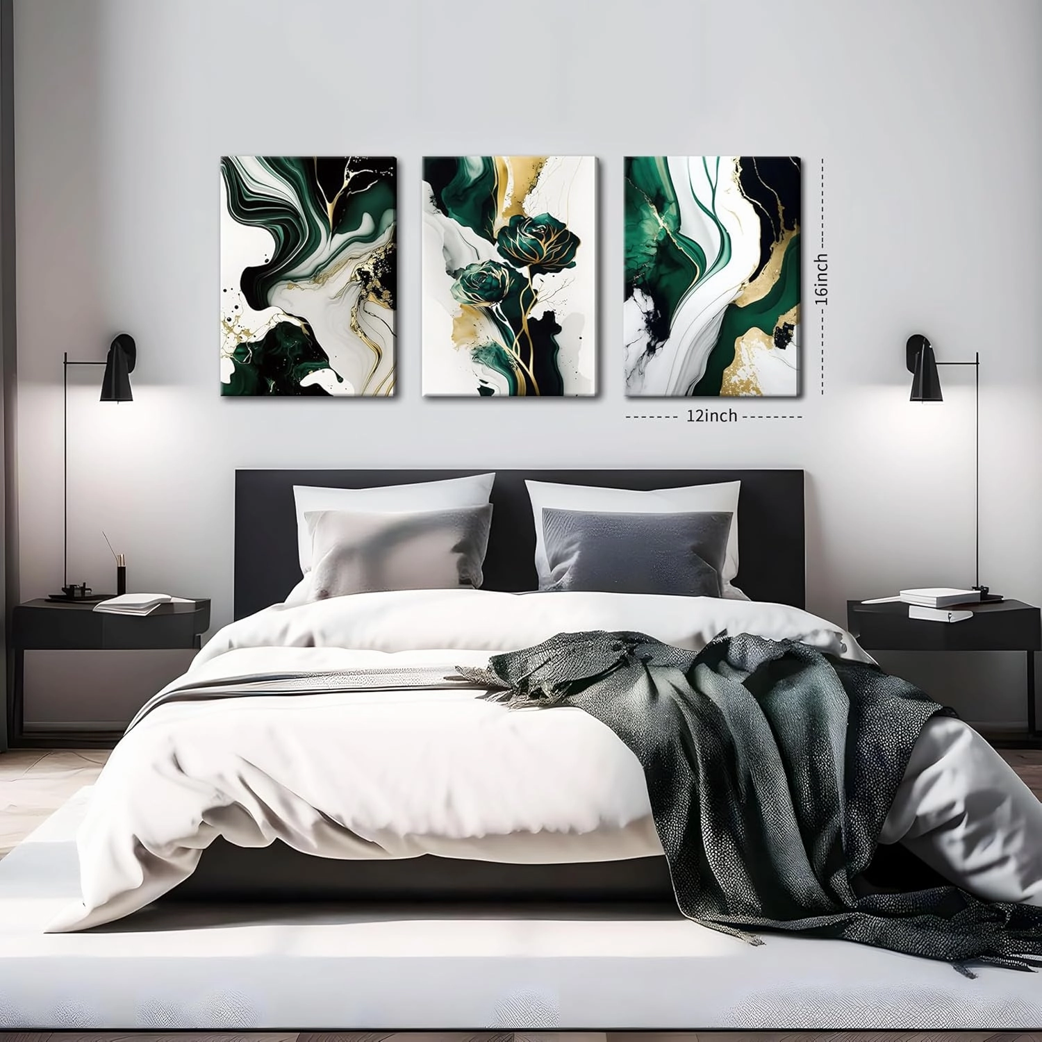 3Pcs Emerald Green Modern Wall Art, Abstract Marble Canvas Prints, Green and Gold Pictures Wall Decor, Dark Art Paintings, Artwork for Living Room Dining Room Office Decoration, Framed 12x16 Inch