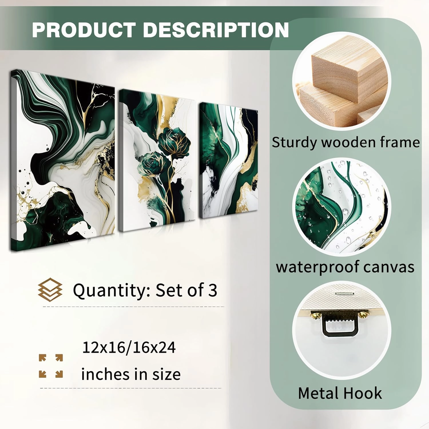 3Pcs Emerald Green Modern Wall Art, Abstract Marble Canvas Prints, Green and Gold Pictures Wall Decor, Dark Art Paintings, Artwork for Living Room Dining Room Office Decoration, Framed 12x16 Inch